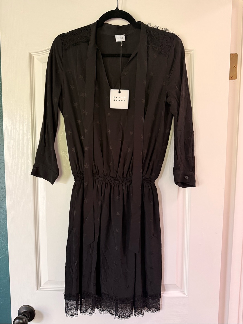 NWT - David Naman Black Star-Print Waist-Defined Dress